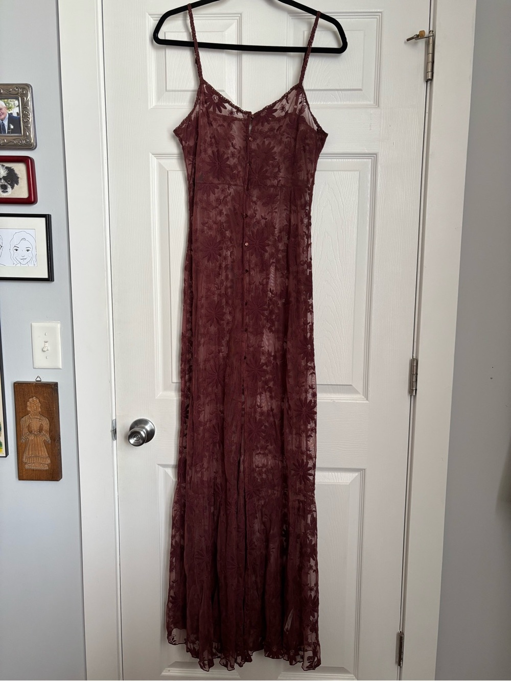 Free People Intimately Maroon Embroidered Mesh Sheet Lace Maxi Duster Dress M